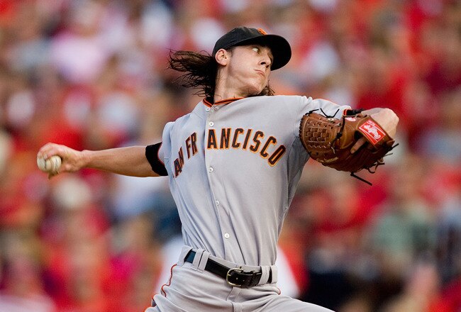 ST. LOUIS - AUGUST 21: Starter Tim Lincecum #55 of the San Francisco Giants pitches against the St. Louis Cardinals at Busch Stadium on August 21, 2010 in St. Louis, Missouri.  (Photo by Dilip Vishwanat/Getty Images)