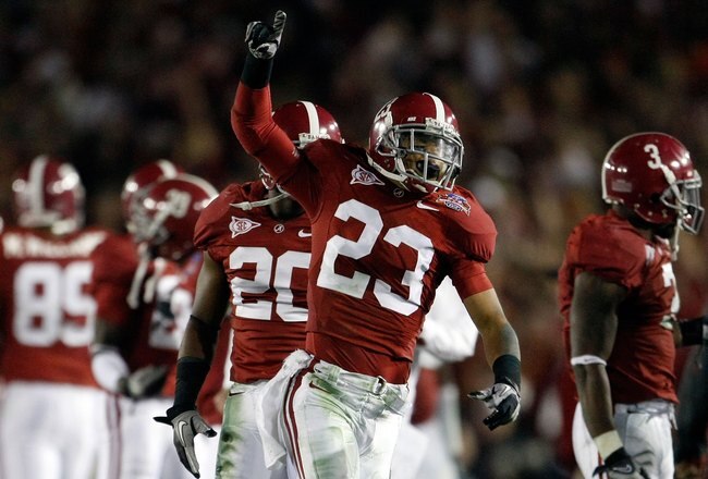 PASADENA, CA - JANUARY 07:  Robby Green #23 of the Alabama Crimson Tide celebrateslate in the fourth quarter of the Citi BCS National Championship game against the Texas Longhorns at the Rose Bowl on January 7, 2010 in Pasadena, California. The Crimson Tide defeated the Longhorns 37-21.  (Photo by Jeff Gross/Getty Images)