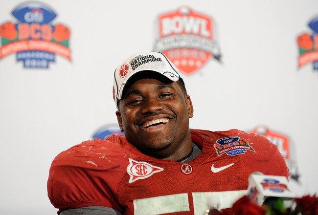 PASADENA, CA - JANUARY 07:  Defensive lineman Marcell Dareus #57 of the Alabama Crimson Tide speaks during a press conference after winning the Citi BCS National Championship game over the Texas Longhorns at the Rose Bowl on January 7, 2010 in Pasadena, California. The Crimson Tide defeated the Longhorns 37-21.  (Photo by Kevork Djansezian/Getty Images)