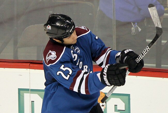 DENVER - MARCH 24:  Chris Stewart #25 of the Colorado Avalanche celebrates his overtime shootout goal against the Los Angeles Kings during NHL action at the Pepsi Center on March 24, 2010 in Denver, Colorado. Stewart's goal proved to be the game winner as the Avalanche defeated the Kings 4-3 in an overtime shootout.  (Photo by Doug Pensinger/Getty Images)