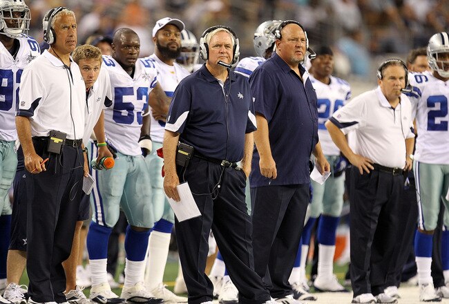ARLINGTON, TX - SEPTEMBER 02:  Head coach Wade Phillips of the Dallas Cowboys on the sidelines during a preseason game against the Miami Dolphins at Cowboys Stadium on September 2, 2010 in Arlington, Texas.  (Photo by Ronald Martinez/Getty Images)