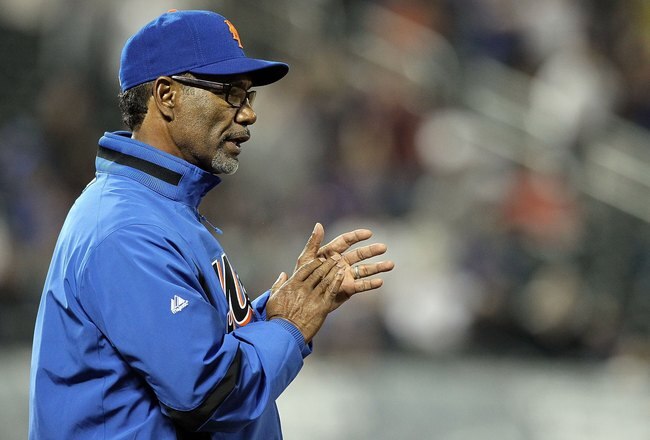NEW YORK - APRIL 08:  New York Mets manager Jerry Manuel looks on against the Florida Marlins on April 8, 2010 at Citi Field in the Flushing neighborhood of the Queens borough of New York City.  (Photo by Jim McIsaac/Getty Images)