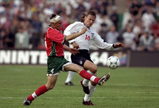 9 Jun 1999:  Teddy Sheringham of England is denied by Stanimir Stoilov of Bulgaria in the European Championship qualifier at the Bulgarska Armia Stadium in Sofia, Bulgaria. The game ended 1-1. \ Mandatory Credit: Ben Radford /Allsport