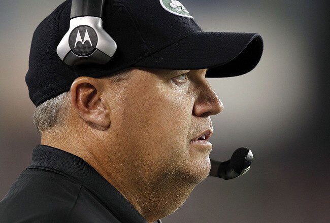 PHILADELPHIA - SEPTEMBER 02:  Head coach Rex Ryan of the New York Jets stands on the sidelines during a preseason game against the Philadelphia Eagles at Lincoln Financial Field on September 2, 2010 in Philadelphia, Pennsylvania.  (Photo by Jeff Zelevansky/Getty Images)