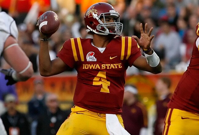 TEMPE, AZ - DECEMBER 31:  Quarterback Austen Arnaud #4 of the Iowa State Cyclones drops back to pass against the Minnesota Golden Gophers during the Insight Bowl at Arizona Stadium on December 31, 2009 in Tempe, Arizona. The Cyclones defeated the Golden Gophers 14-13.  (Photo by Christian Petersen/Getty Images)