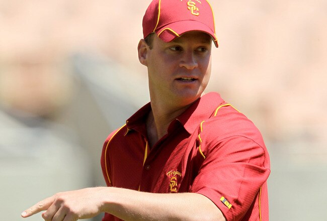 LOS ANGELES, CA - MAY 01:  Head coach Lane Kiffin looks on during the  USC Trojans spring game on  May 1, 2010 at the Los Angeles Memorial Coliseum in Los Angeles, California.  (Photo by Stephen Dunn/Getty Images)