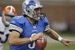 DETROIT - AUGUST 28: Matthew Stafford #9 of the Detroit Lions looks for an open receiver while playing the Cleveland Browns during a preseason game on August 28, 2010 at Ford Field in Detroit, Michigan. (Photo by Gregory Shamus/Getty Images)
