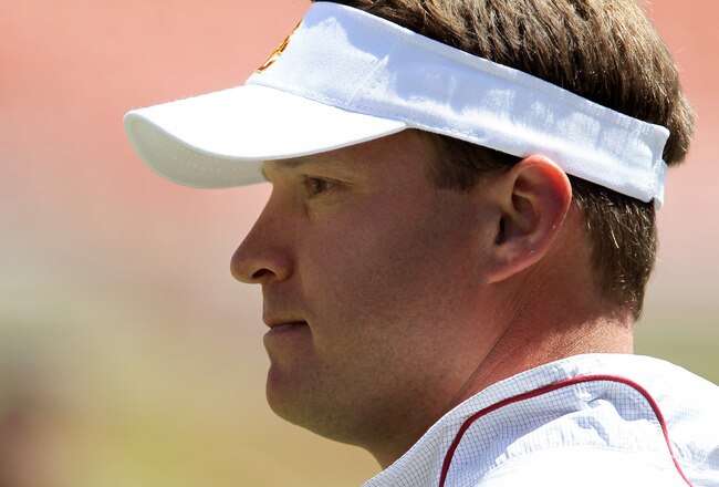 LOS ANGELES, CA - MAY 01:  Head coach Lane Kiffin looks on during the  USC Trojans spring game on  May 1, 2010 at the Los Angeles Memorial Coliseum in Los Angeles, California.  (Photo by Stephen Dunn/Getty Images)