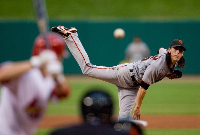 ST. LOUIS - AUGUST 21: Starter Tim Lincecum #55 of the San Francisco Giants pitches against the St. Louis Cardinals at Busch Stadium on August 21, 2010 in St. Louis, Missouri.  (Photo by Dilip Vishwanat/Getty Images)