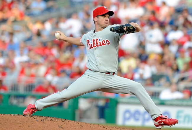 WASHINGTON - JULY 30:  Roy Oswalt #44 of the Philadelphia Phillies pitches against the Washington Nationals at Nationals Park on July 30, 2010 in Washington, DC.  (Photo by Greg Fiume/Getty Images)
