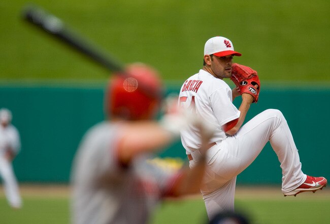 ST. LOUIS - MAY 31: Jamie Garcia #54 of the St. Louis Cardinals pitches against the Cincinnati Reds at Busch Stadium on May 31, 2010 in St. Louis, Missouri.  (Photo by Dilip Vishwanat/Getty Images)