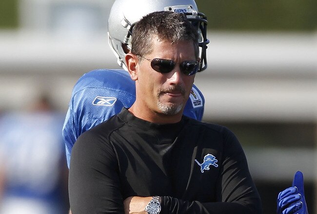ALLEN PARK, MI - AUGUST 05:  Head coach Jim Schwartz looks on during training camp at the Detroit Lions Headquarters and Training Facility on August 5, 2010 in Allen Park, Michigan.  (Photo by Gregory Shamus/Getty Images)
