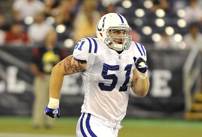 TORONTO, CANADA - AUGUST 19: Pat Angerer #51 of the Indianapolis Colts runs up field during game action against the Buffalo Bills on August 19, 2010 at the Rogers Centre in Toronto, Ontario, Canada. (Photo by Brad White/Getty Images)