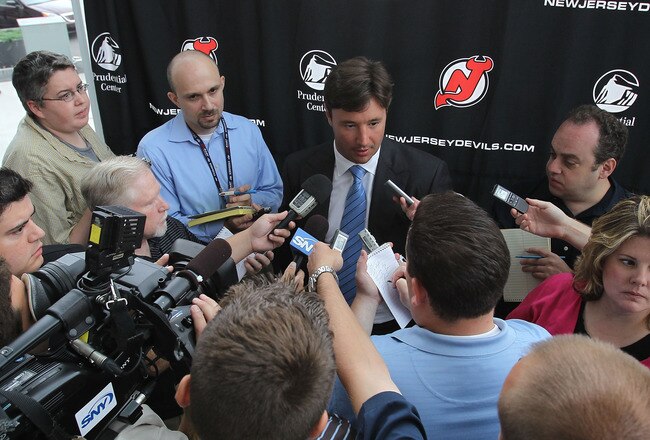 NEWARK, NJ - JULY 20: Ilya Kovalchuk of the New Jersey Devils speaks with the media after announcing his contract renewal at the Prudential Center on July 20, 2010 in Newark, New Jersey. (Photo by Bruce Bennett/Getty Images)