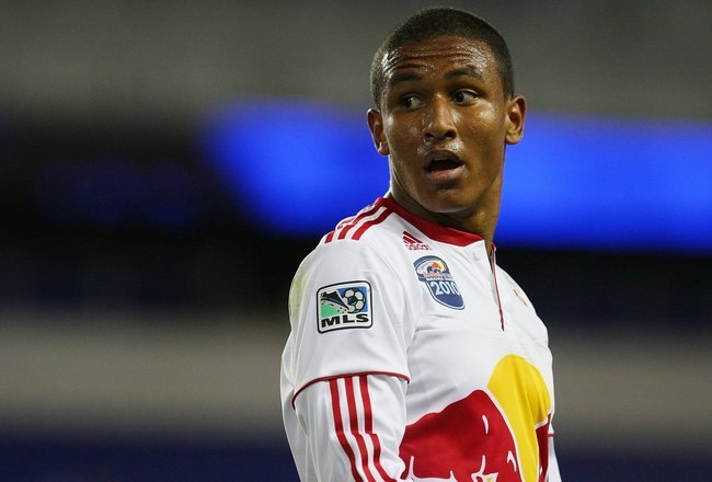 HARRISON, NJ - APRIL 27:  Juan Agudelo #39 of the New York Red Bulls plays the ball against the Philadelphia Union during the US Open Cup qualifying match on April 27, 2010 at Red Bull Arena in Harrison, New Jersey. Red Bulls defeated the Union 2-1.  (Photo by Mike Stobe/Getty Images for New York Red Bulls)