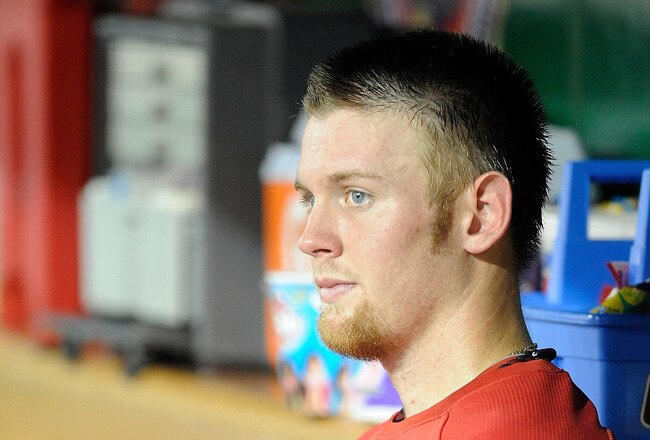 WASHINGTON - AUGUST 10:  Stephen Strasburg #37 of the Washington Nationals sits in the dugout during the sixth inning of the game against the Florida Marlins at Nationals Park on August 10, 2010 in Washington, DC.  (Photo by Greg Fiume/Getty Images)