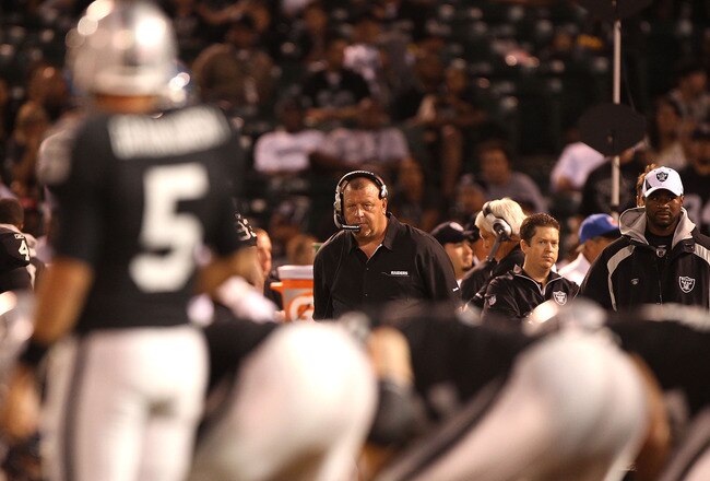 OAKLAND, CA - SEPTEMBER 02:  Head coach Tom Cable of the Oakland Raiders looks on against the Seattle Seahawks during an NFL preseason game at Oakland-Alameda County Coliseum on September 2, 2010 in Oakland, California.  (Photo by Jed Jacobsohn/Getty Images)