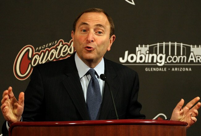 GLENDALE, AZ - NOVEMBER 16:  NHL commissioner Gary Bettman speaks during a press conference before the NHL game between the Phoenix Coyotes and the Tampa Bay Lightning at Jobing.com Arena on November 16, 2009 in Glendale, Arizona.  (Photo by Christian Petersen/Getty Images)