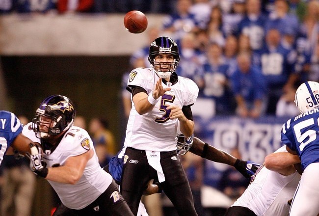INDIANAPOLIS - JANUARY 16:  Quarterback Joe Flacco #5 of the Baltimore Ravens throws the ball against the Indianapolis Colts in the AFC Divisional Playoff Game at Lucas Oli Stadium on January 16, 2010 in Indianapolis, Indiana.  (Photo by Andy Lyons/Getty Images)
