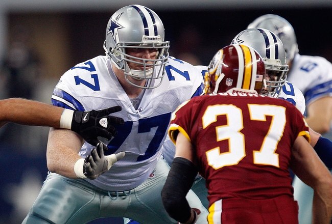 ARLINGTON, TX - NOVEMBER 22:  Tackle Pat McQuistan #77 of the Dallas Cowboys at Cowboys Stadium on November 22, 2009 in Arlington, Texas.  (Photo by Ronald Martinez/Getty Images)
