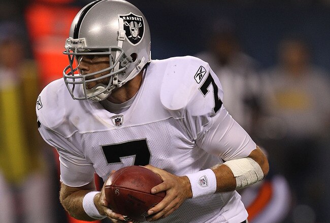 CHICAGO - AUGUST 21: Kyle Boller #7 of the Oakland Raiders turns to hand-off against the Chicago Bears during a preseason game at Soldier Field on August 21, 2010 in Chicago, Illinois. The Raiders defeated the Bears 32-17.  (Photo by Jonathan Daniel/Getty Images)
