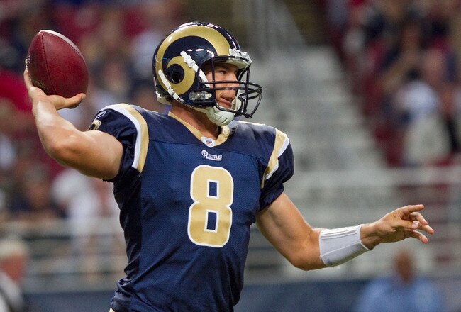 ST. LOUIS - SEPTEMBER 2: Sam Bradford #8 of the St. Louis Rams passes against the Baltimore Ravens during an NFL preseason game at the Edward Jones Dome on September 2, 2010 in St. Louis, Missouri.  (Photo by Dilip Vishwanat/Getty Images)