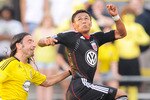 COLUMBUS, OH - JUNE 26:  Andy Najar #14 of D.C. United goes up for a header against the Columbus Crew on June 26, 2010 at the Crew Stadium in Columbus, Ohio.  (Photo by Jamie Sabau/Getty Images)