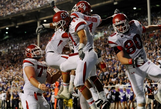 FORT WORTH, TX - NOVEMBER 14:  Shaky Smithson #1 of the Utah Utes celebrates with teammates after scoring a touchdown in the first quarter of the game against the TCU Horned Frogs at Amon G. Carter Stadium on November 14, 2009 in Fort Worth, Texas.  (Photo by Ronald Martinez/Getty Images)