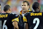 LANDOVER, MD - AUGUST 22:  Ben Roethlisberger #7 of the Pittsburgh Steelers talks to Charlie Batch #16 and Dennis Dixon #2 during the game against the Washington Redskins at Fed Ex Field on August 22, 2009 in Landover, Maryland.  (Photo by Greg Fiume/Getty Images)