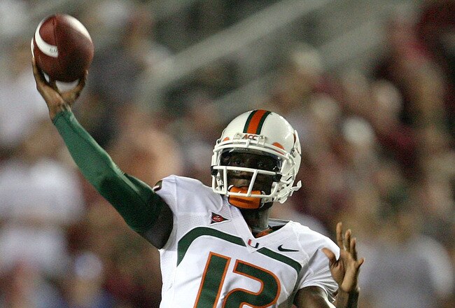 TALLAHASSEE, FL - SEPTEMBER 07:  Quarterback Jacory Harris #12 of the Miami Hurricanes throws a pass against the Florida State Seminoles at Doak Campbell Stadium on September 7, 2009 in Tallahassee, Florida.  (Photo by Doug Benc/Getty Images)