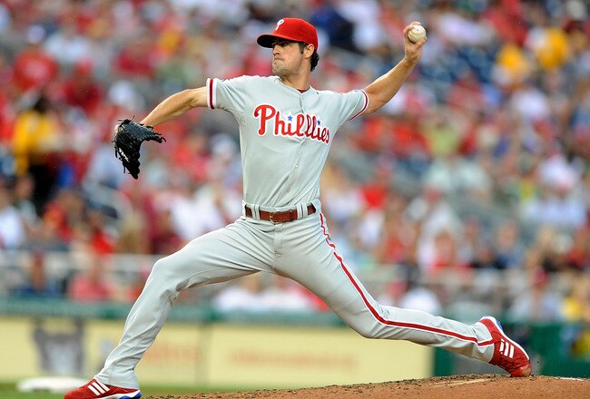 WASHINGTON - AUGUST 01:  Cole Hamels #35 of the Philadelphia Phillies pitches against the Washington Nationals at Nationals Park on August 1, 2010 in Washington, DC.  (Photo by Greg Fiume/Getty Images)