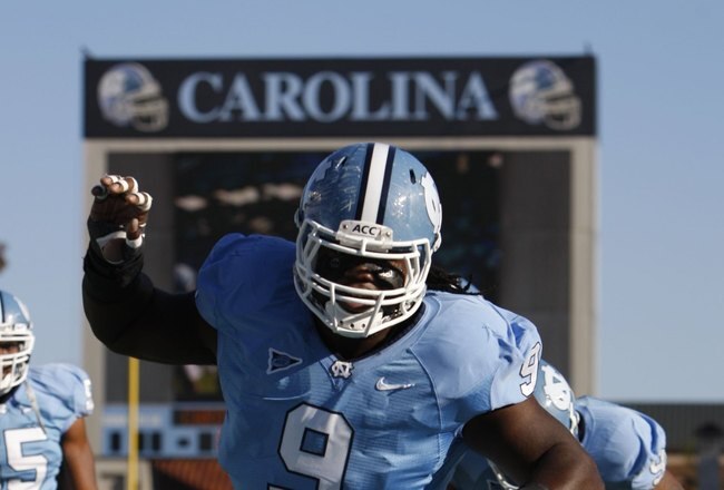 CHAPEL HILL, NC - NOVEMBER 7:  Marvin Austin #9 of the North Carolina Tar Heels warms up before the game against the Duke Blue Devils at Kenan Stadium on November 7, 2009 in Chapel Hill, North Carolina. (Photo by Streeter Lecka/Getty Images)
