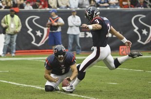 HOUSTON - DECEMBER 13:  Place kicker Kris Briown #3 of the Houston Texans connects on the point after touchdown attempt against the Seattle Seahawks at Reliant Stadium on December 13, 2009 in Houston, Texas.  (Photo by Bob Levey/Getty Images)