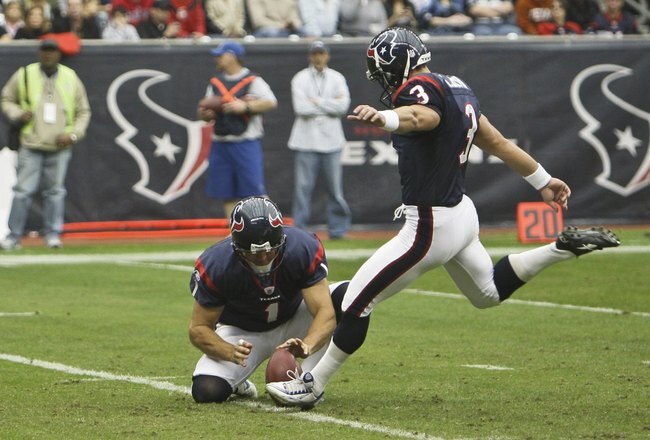 HOUSTON - DECEMBER 13:  Place kicker Kris Briown #3 of the Houston Texans connects on the point after touchdown attempt against the Seattle Seahawks at Reliant Stadium on December 13, 2009 in Houston, Texas.  (Photo by Bob Levey/Getty Images)