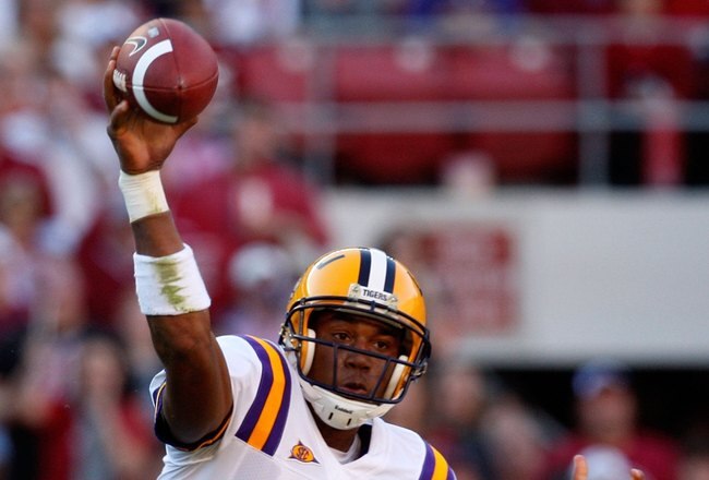 TUSCALOOSA, AL - NOVEMBER 07:  Jordan Jefferson #9 of the Louisiana State University Tigers against the Alabama Crimson Tide at Bryant-Denny Stadium on November 7, 2009 in Tuscaloosa, Alabama.  (Photo by Kevin C. Cox/Getty Images)