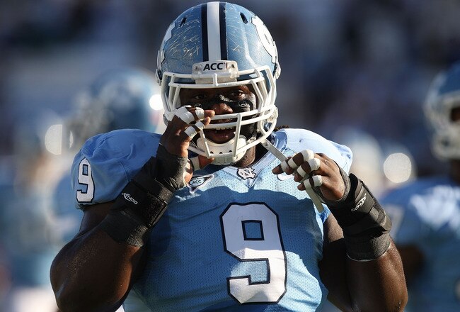 CHAPEL HILL, NC - NOVEMBER 07:  Marvin Austin #9 of the North Carolina Tar Heels watches on against the Duke Blue Devils during their game at Kenan Stadium on November 7, 2009 in Chapel Hill, North Carolina.  (Photo by Streeter Lecka/Getty Images)