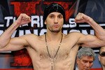 LAS VEGAS - APRIL 02:  Boxer Sergio Mora poses on the scale during the official weigh-in for his bout against Calvin Green at the Mandalay Bay Events Center April 2, 2010 in Las Vegas, Nevada. The fighters will meet in a middleweight bout on April 3 in Las Vegas.  (Photo by Ethan Miller/Getty Images)