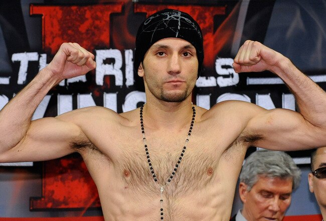 LAS VEGAS - APRIL 02:  Boxer Sergio Mora poses on the scale during the official weigh-in for his bout against Calvin Green at the Mandalay Bay Events Center April 2, 2010 in Las Vegas, Nevada. The fighters will meet in a middleweight bout on April 3 in Las Vegas.  (Photo by Ethan Miller/Getty Images)