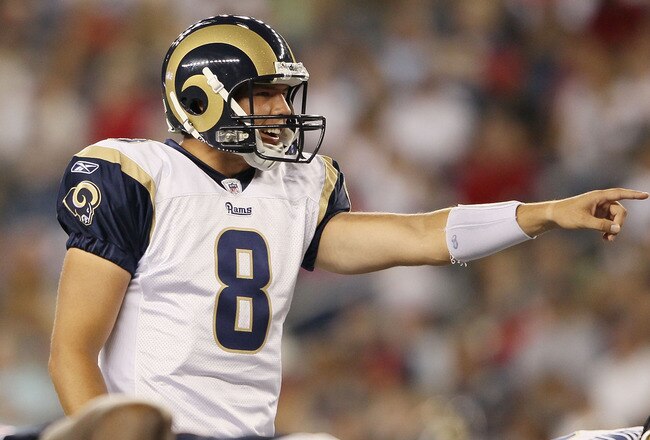 FOXBORO, MA - AUGUST 26:  Sam Bradford #8  of the St. Louis Rams calls out the play in the first half against the New England Patriots on August 26, 2010 at Gillette Stadium in Foxboro, Massachusetts.  (Photo by Elsa/Getty Images)