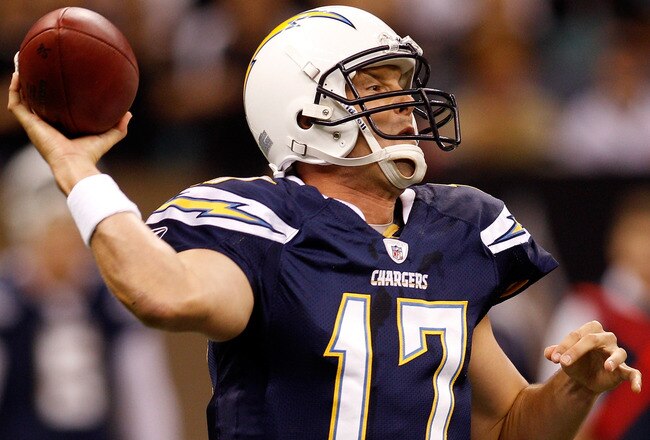 NEW ORLEANS - AUGUST 27:  Philip Rivers #17 of the San Diego Chargers in action against the New Orleans Saints at the Louisiana Superdome on August 27, 2010 in New Orleans, Louisiana.  (Photo by Chris Graythen/Getty Images)