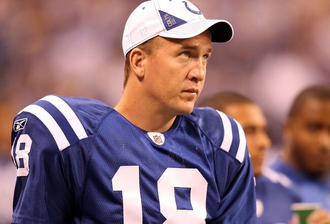 INDIANAPOLIS - SEPTEMBER 02:  Peyton Manning #18 of the Indianapolis Colts watches from the sidelines during the NFL preseason game against the Cincinnati Bengals at Lucas Oil Stadium on September 2, 2010 in Indianapolis, Indiana.  (Photo by Andy Lyons/Getty Images)