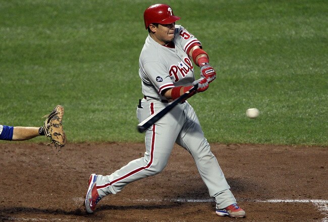 NEW YORK - AUGUST 14:  Carlos Ruiz #51 of the Philadelphia Phillies bats against the New York Mets on August 14, 2010 at Citi Field in the Flushing neighborhood of the Queens borough of New York City.  (Photo by Jim McIsaac/Getty Images)