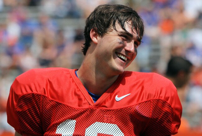 GAINESVILLE, FL - APRIL 10:  Quarterback John Brantley #12 of the Florida Gators reacts during the Orange & Blue game at Ben Hill Griffin Stadium on April 10, 2010 in Gainesville, Florida.  (Photo by Doug Benc/Getty Images)