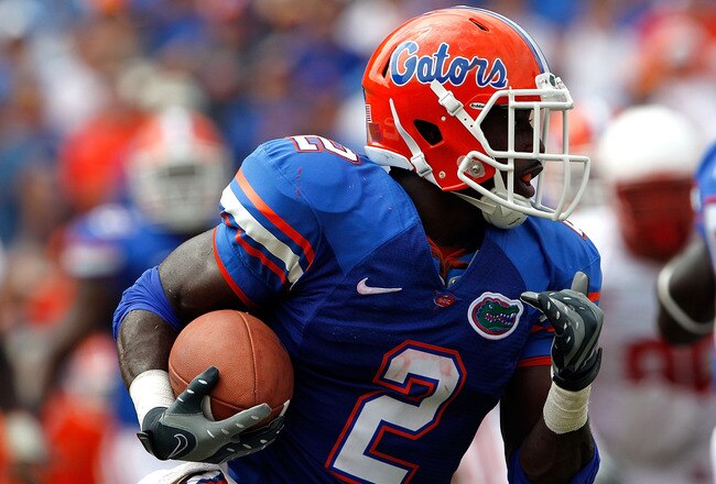 GAINESVILLE, FL - SEPTEMBER 04:  Jeffery Demps  #2 of the Florida Gators runs for yardage against the Miami University RedHawks at Ben Hill Griffin Stadium on September 4, 2010 in Gainesville, Florida.  (Photo by Sam Greenwood/Getty Images)