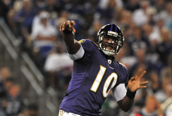 BALTIMORE - AUGUST 28:  Troy Smith #10 of the Baltimore Ravens passes against the New York Giants in a preseason game at M&T Bank Stadium on August 28, 2010 in Baltimore, Maryland. The Ravens defeated the Giants 24-10. (Photo by Larry French/Getty Images)