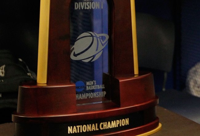 INDIANAPOLIS - APRIL 05:  A detail of the national championship trophy as it sits in the Duke Blue Devils locker room after the Blue Devils won 61-59 against the Butler Bulldogs during the 2010 NCAA Division I Men's Basketball National Championship game at Lucas Oil Stadium on April 5, 2010 in Indianapolis, Indiana.  (Photo by Kevin C. Cox/Getty Images)