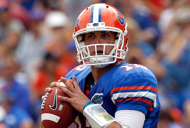 GAINESVILLE, FL - SEPTEMBER 04:  Quarterback John Brantley #12 of the Florida Gators attempts a pass against the Miami University RedHawks at Ben Hill Griffin Stadium on September 4, 2010 in Gainesville, Florida.  (Photo by Sam Greenwood/Getty Images)