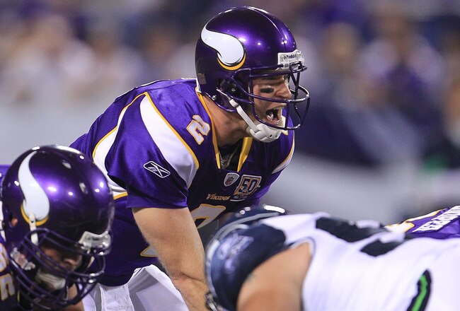 MINNEAPOLIS - AUGUST 28: Sage Rosenfels #2 of the Minnesota Vikings gives instructions against the Seattle Seahawks during a preseason NFL game at Mall of America Field at the Hubert H. Humphrey Metrodome on August 28, 2010  in Minneapolis, Minnesota.  (Photo by Chris McGrath/Getty Images)