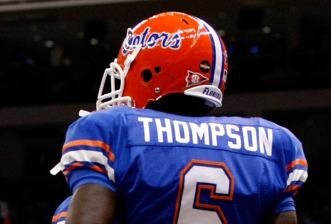 NEW ORLEANS - JANUARY 01:  Deonte Thompson #6 of the Florida Gators celebrates with his teammate Emmanuel Moody #21 after scoring a touchdown against the Cincinnati Bearcats during the Allstate Sugar Bowl at the Louisana Superdome on January 1, 2010 in New Orleans, Louisiana.  (Photo by Kevin C. Cox/Getty Images)
