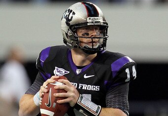 ARLINGTON, TX - SEPTEMBER 04: Quarterback Andy Dalton #14 of the TCU Horned Frogs drops back to pass against the Oregon State Beavers at Cowboys Stadium on September 4, 2010 in Arlington, Texas. (Photo by Ronald Martinez/Getty Images)